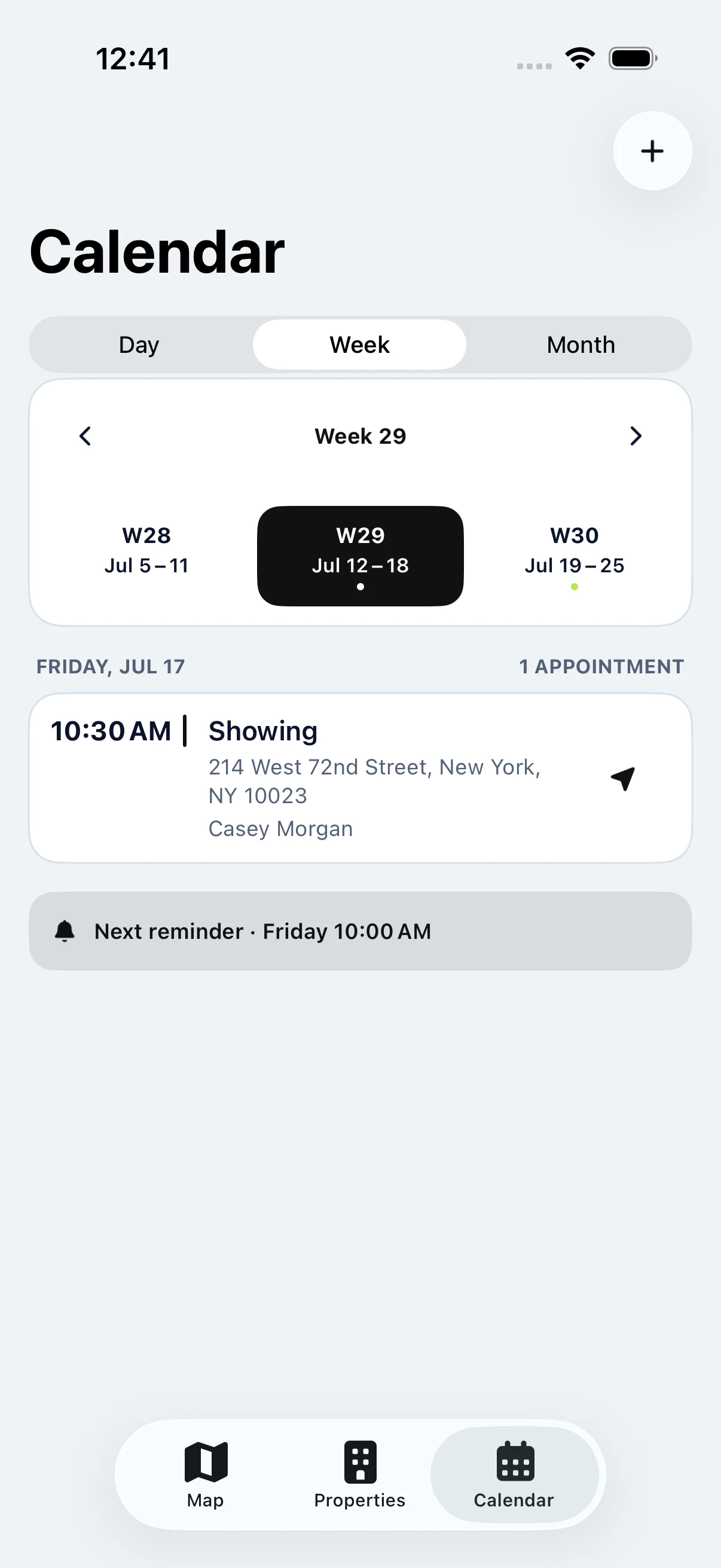 The My Estate Map calendar with a client appointment connected to a New York property