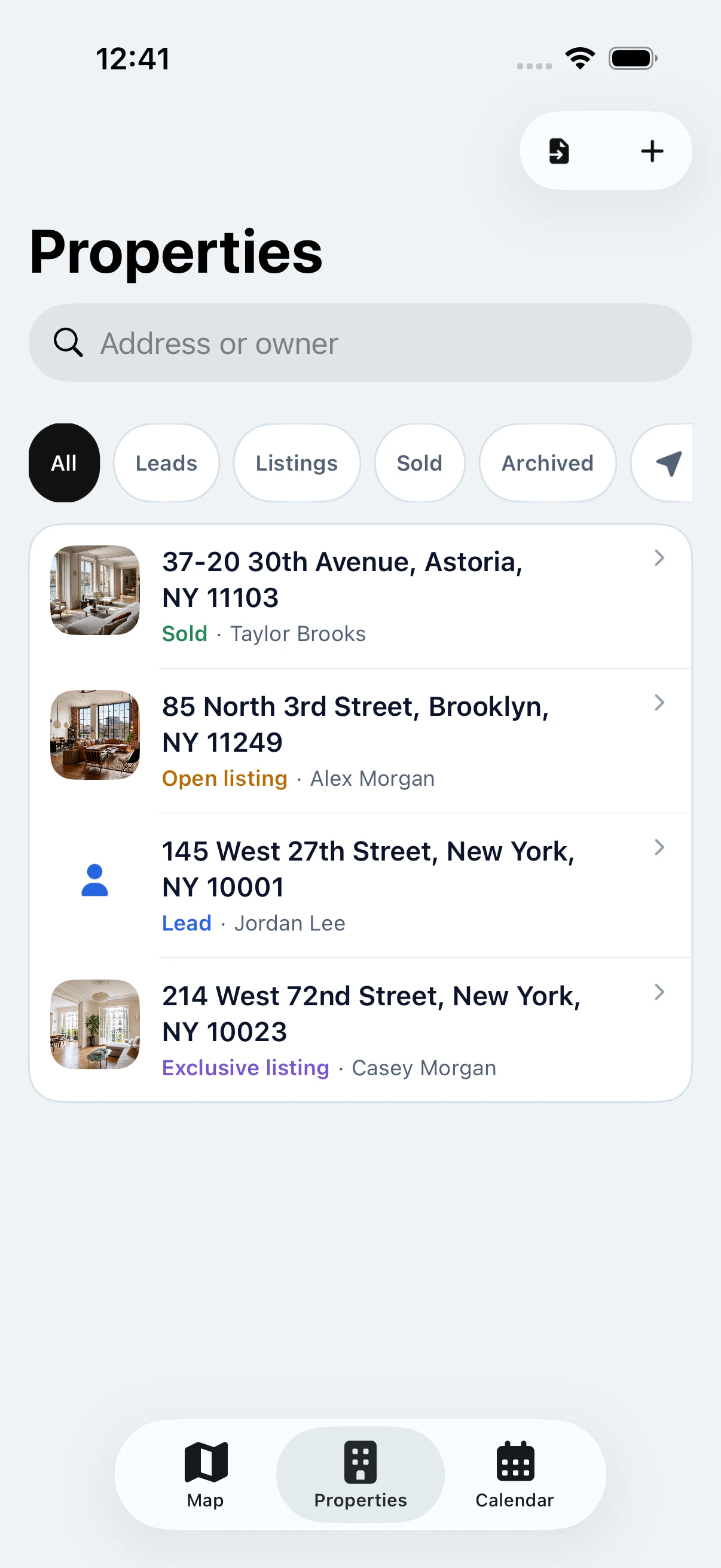 The real My Estate Map property list showing New York properties and working statuses